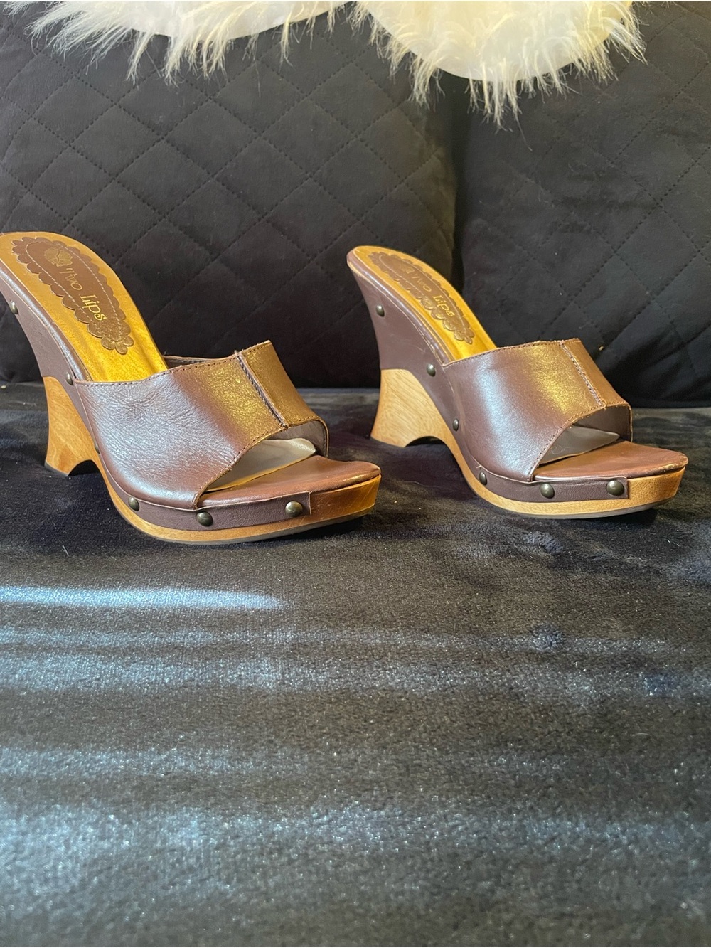 Two Lips Brown Leather Slide Clog Heels
